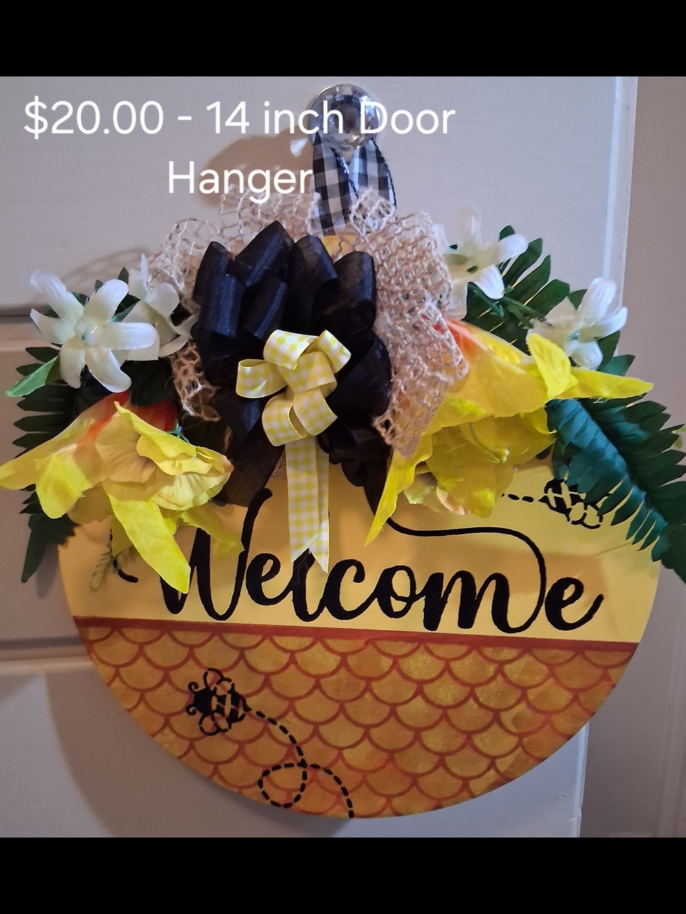 Bee Welcome Floral Yellow Door Hanger with Bow